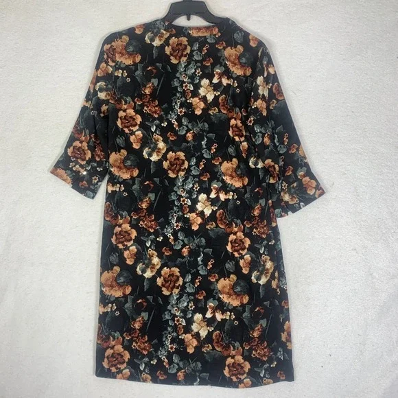 H&M Womens Black Floral Print 3/4 Sleeve V-Neck Shift Dress Sz 8 Polyester Boho - Picture 3 of 12